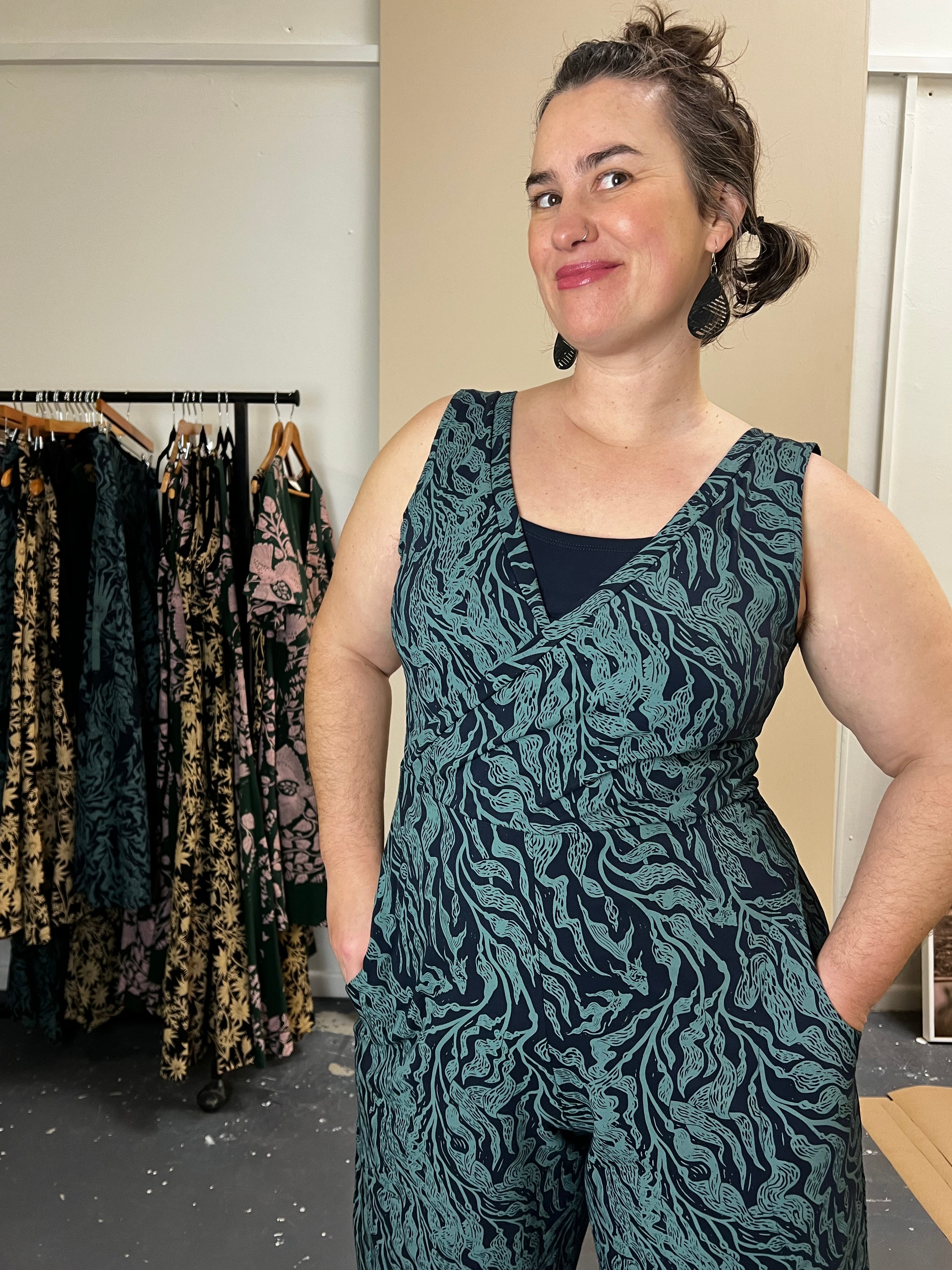 Pull On Stretch Jumpsuit - Kelp Garden