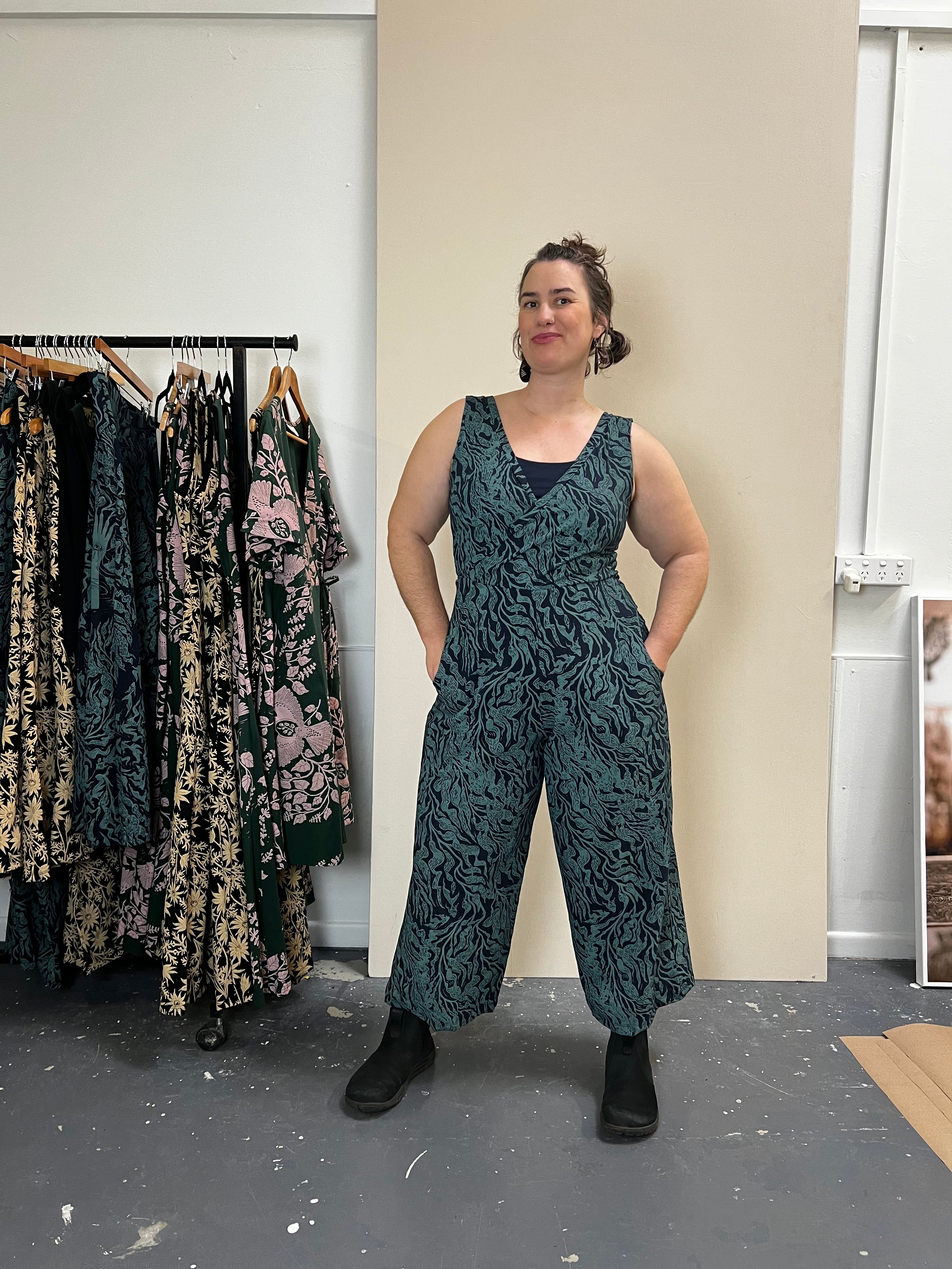 Pull On Stretch Jumpsuit - Kelp Garden