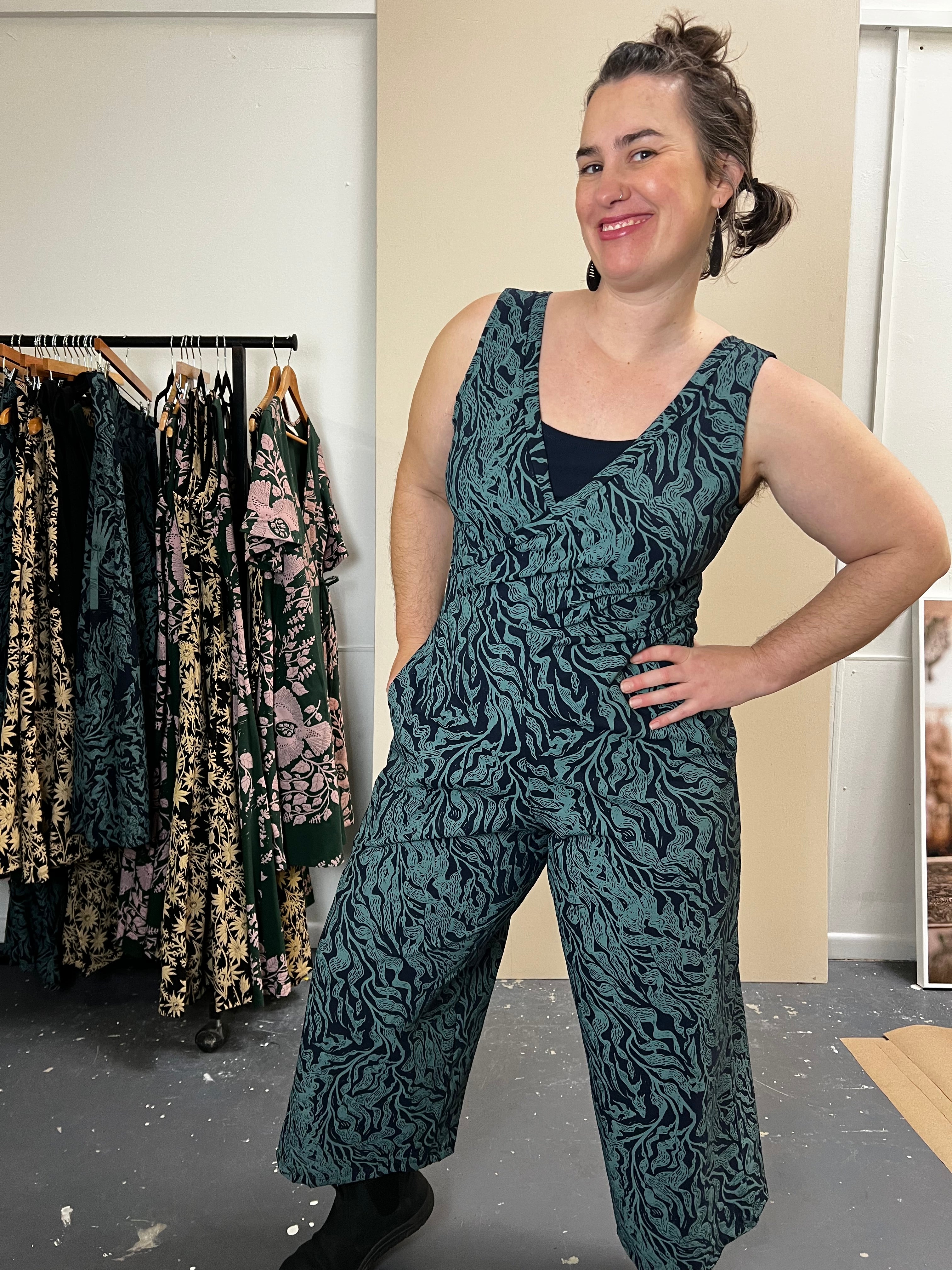 Pull On Stretch Jumpsuit - Kelp Garden