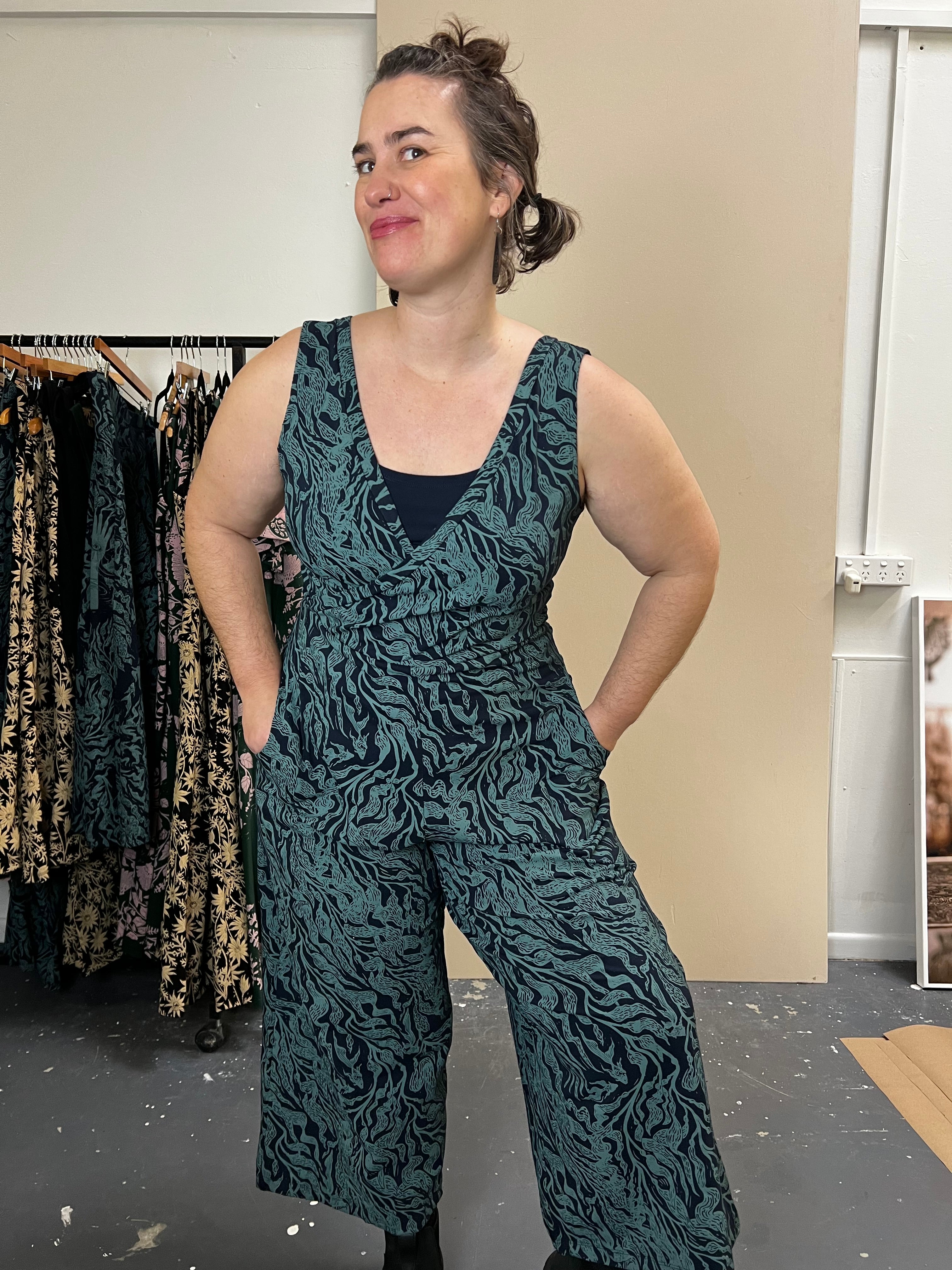 Pull On Stretch Jumpsuit - Kelp Garden