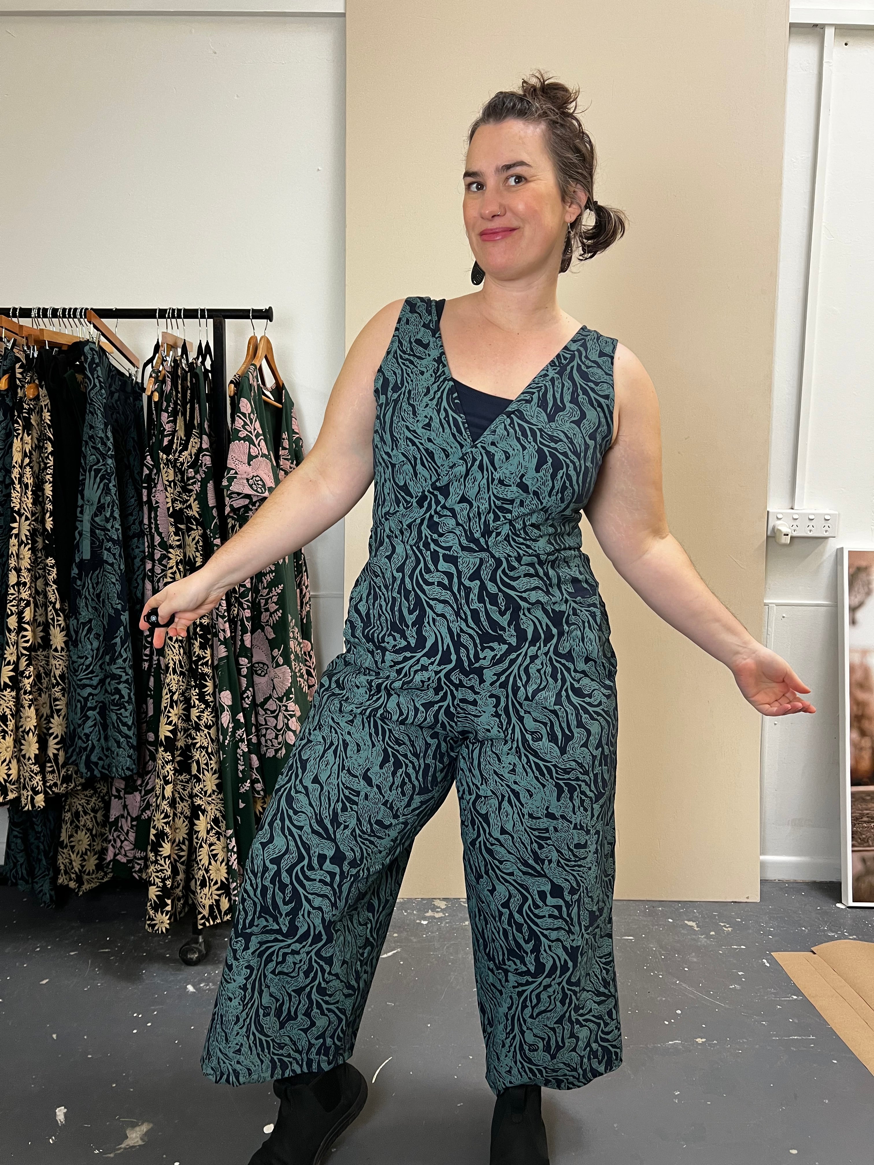 Pull On Stretch Jumpsuit - Kelp Garden
