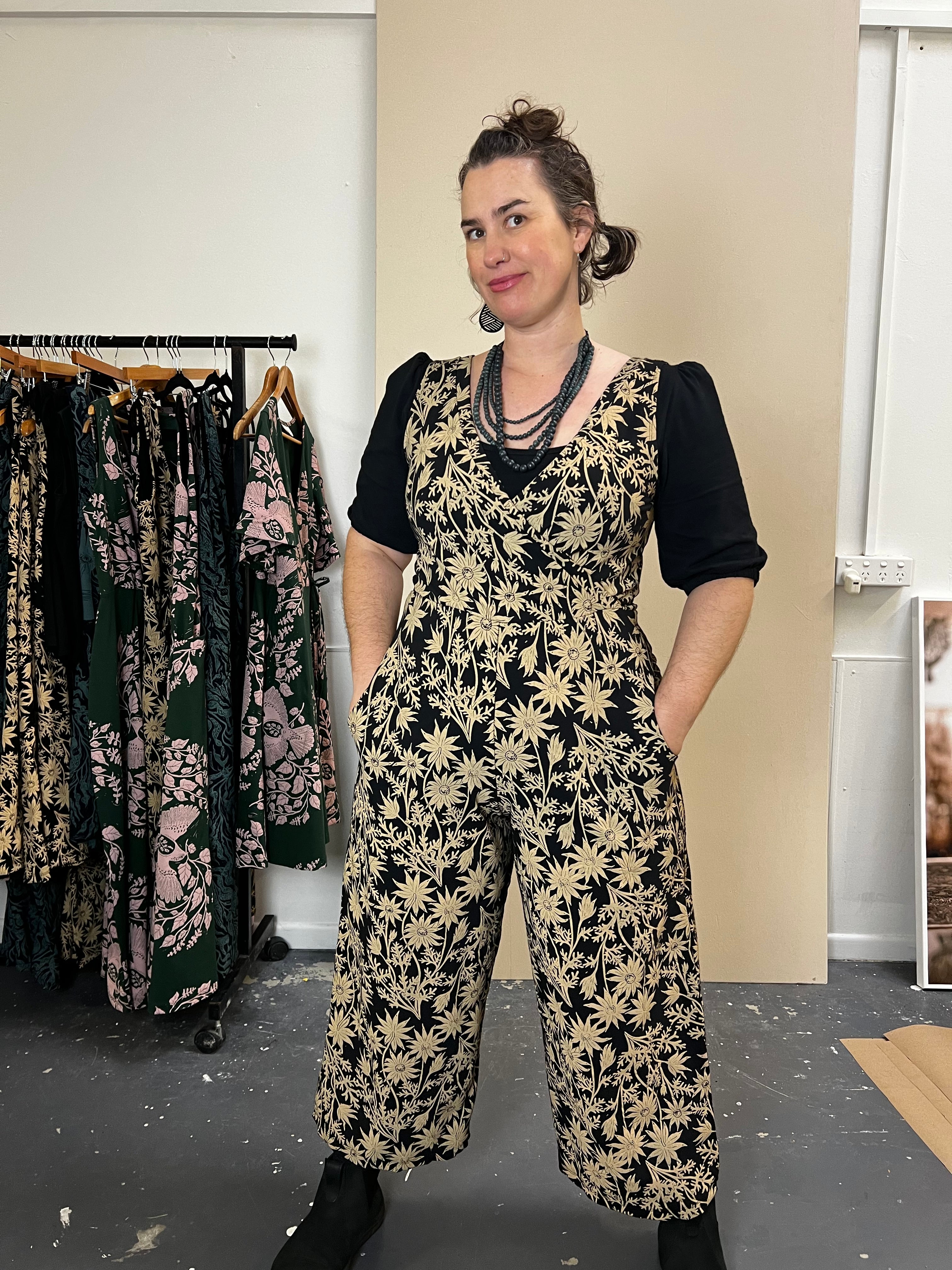 Pull On Stretch Jumpsuit - Straw Flannel Flower