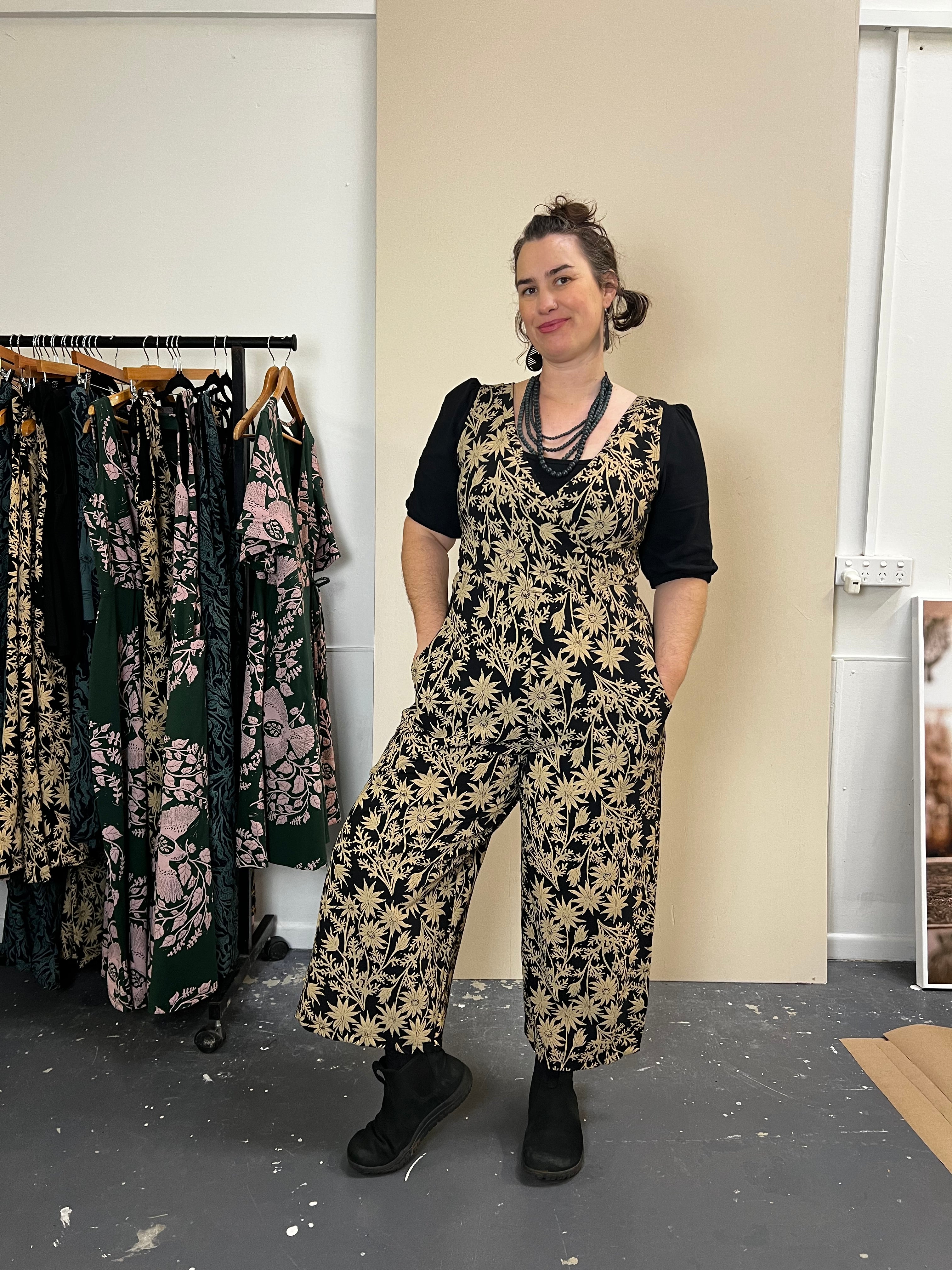 Pull On Stretch Jumpsuit - Straw Flannel Flower