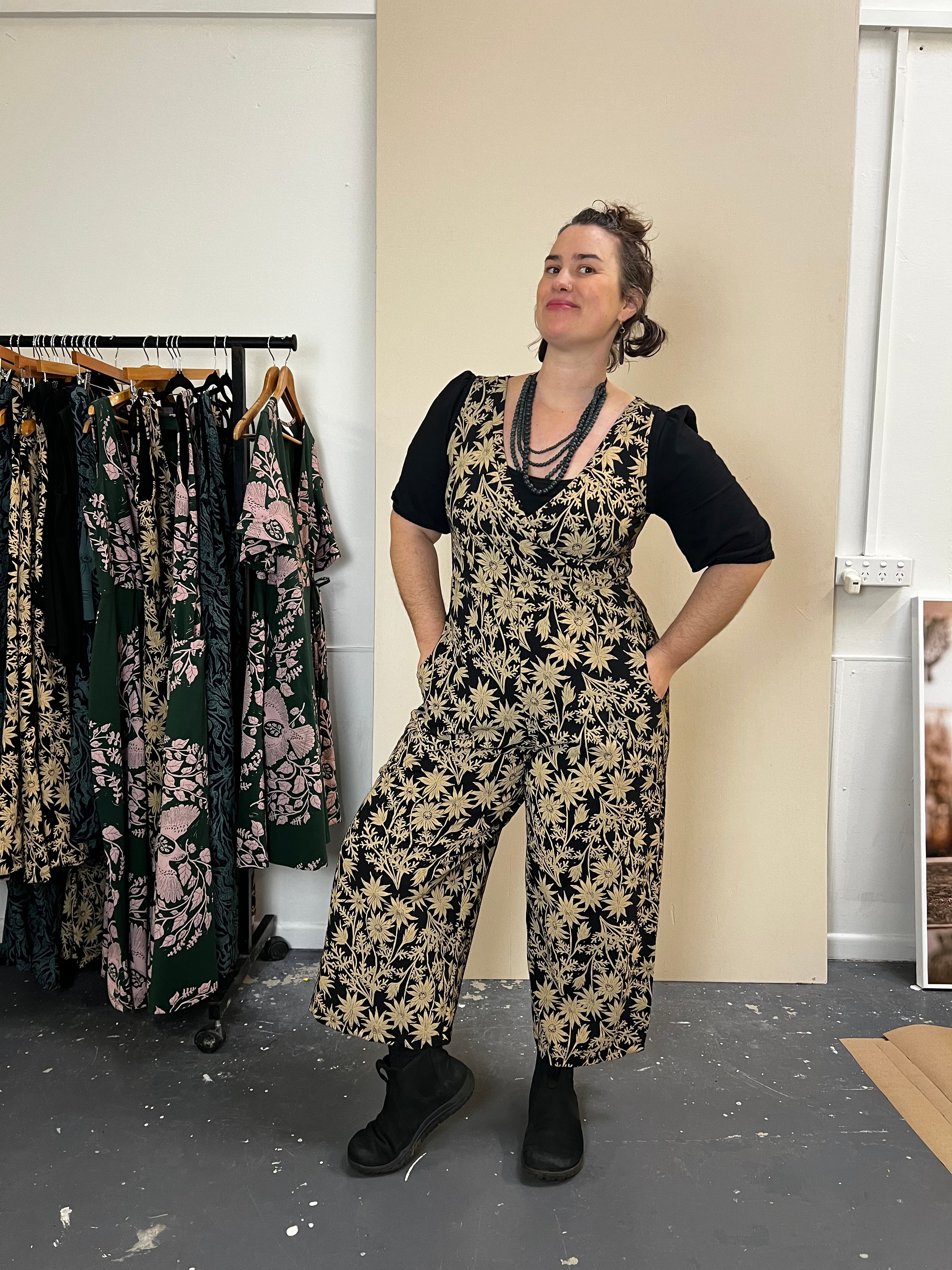 Pull On Stretch Jumpsuit - Straw Flannel Flower
