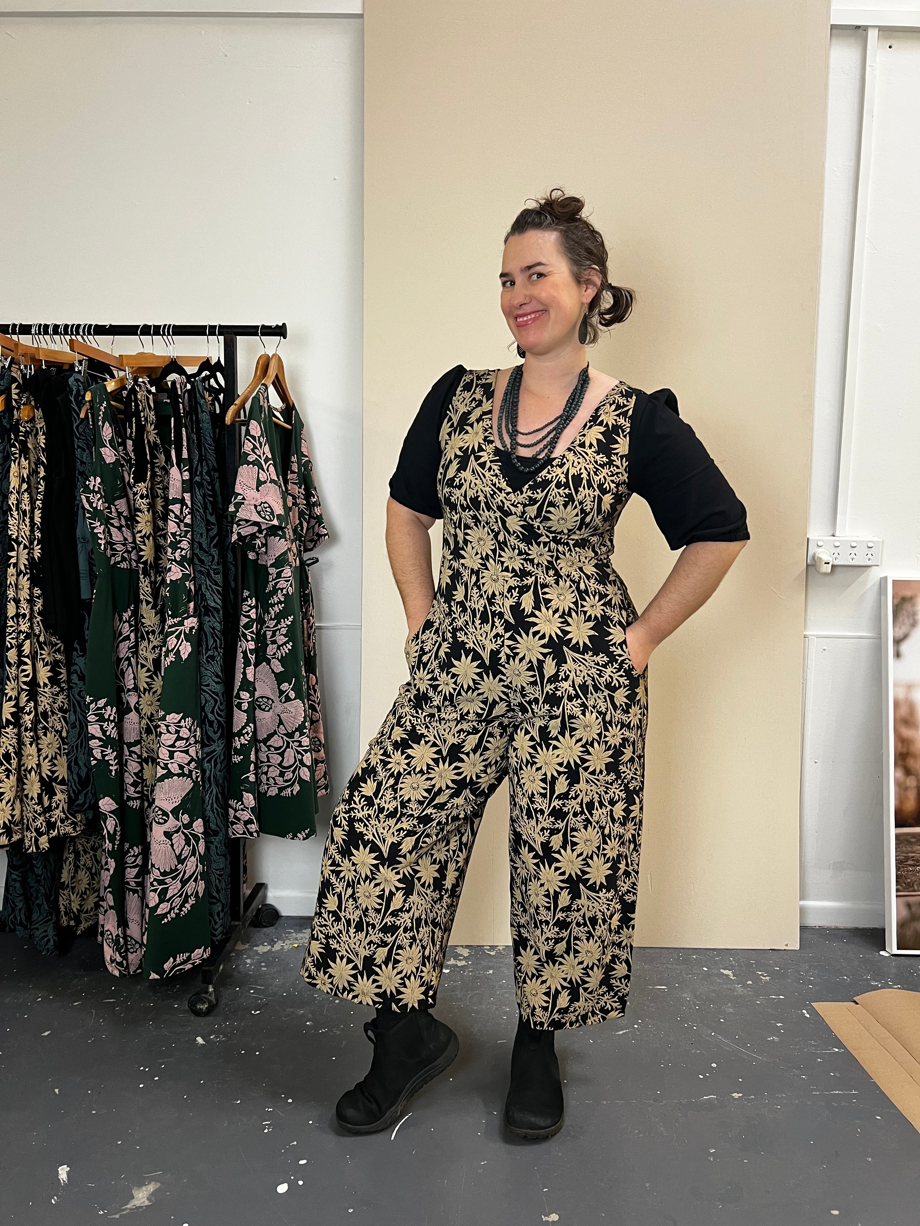 Pull On Stretch Jumpsuit - Straw Flannel Flower