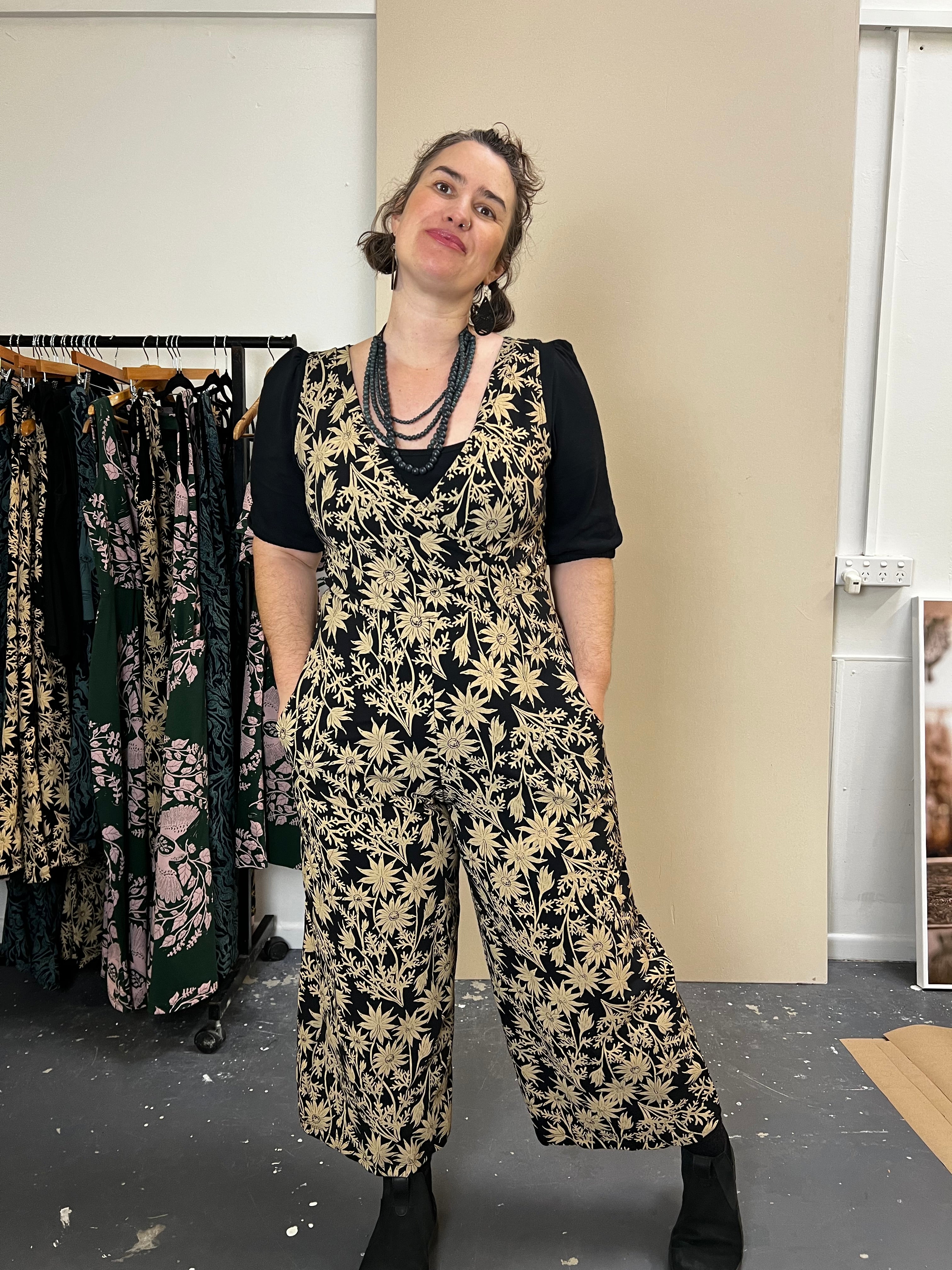 Pull On Stretch Jumpsuit - Straw Flannel Flower