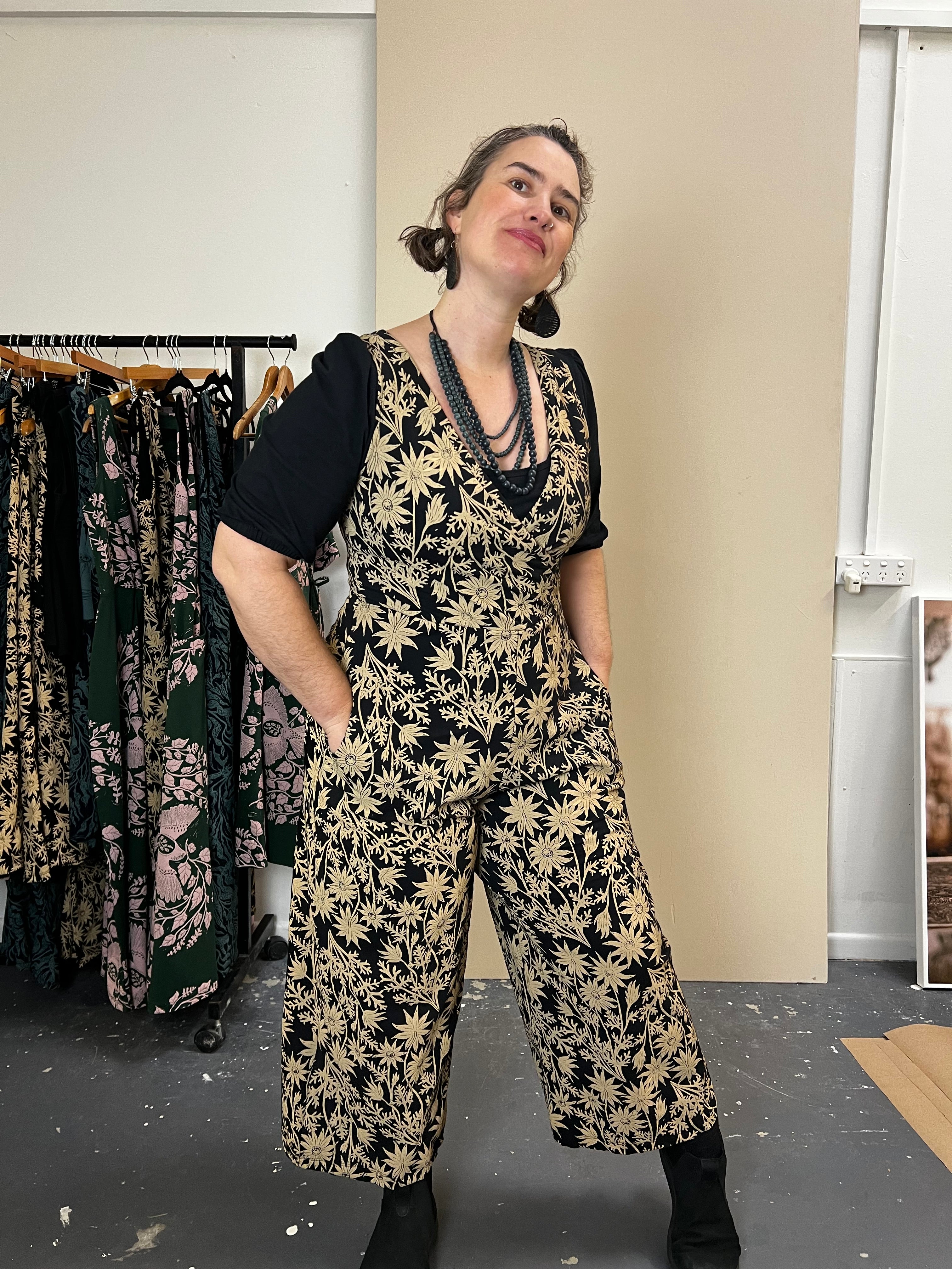 Pull On Stretch Jumpsuit - Straw Flannel Flower