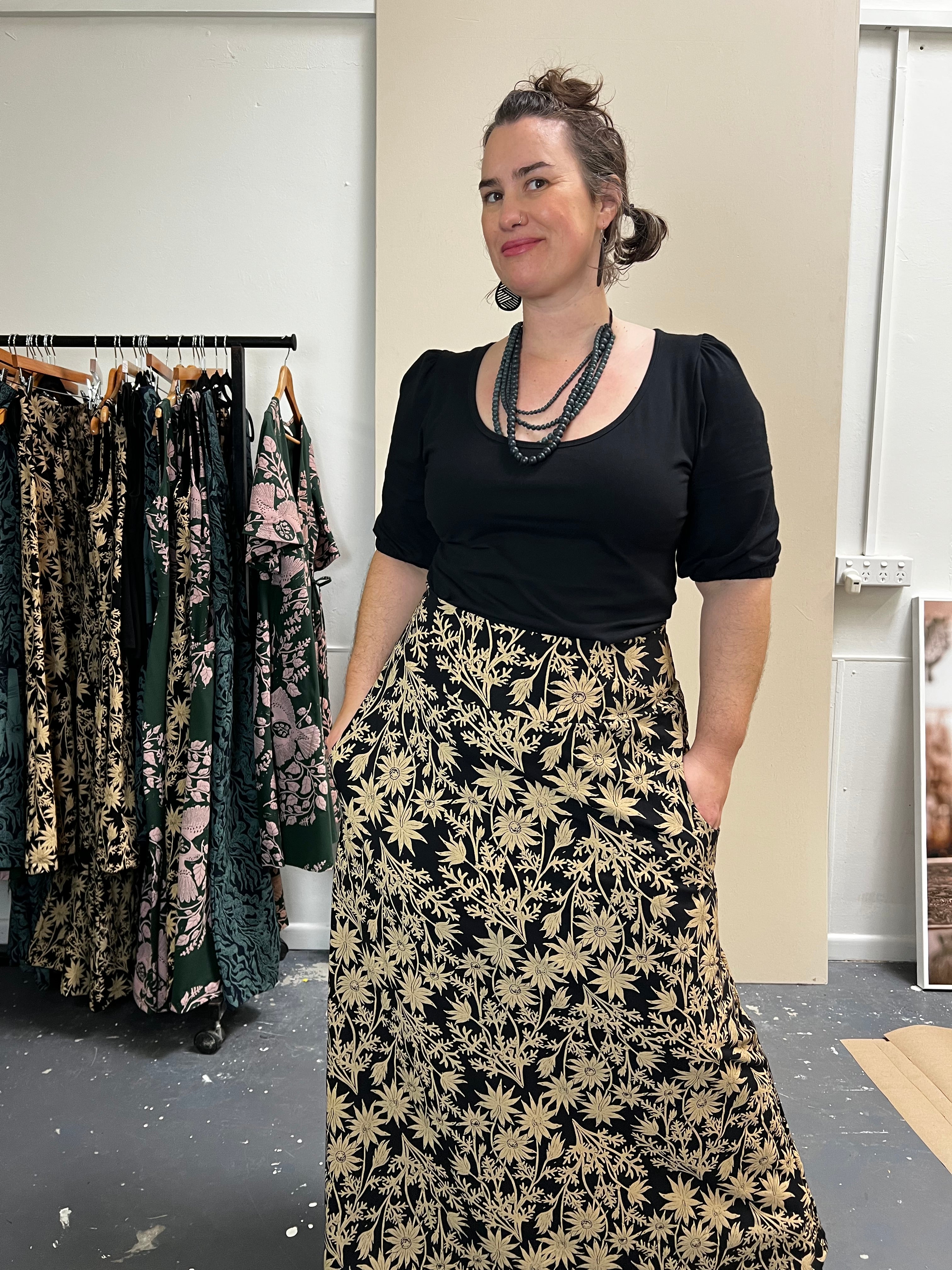 Stretch Maxi Skirt - Straw Flannel Flower