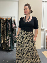 Stretch Maxi Skirt - Straw Flannel Flower