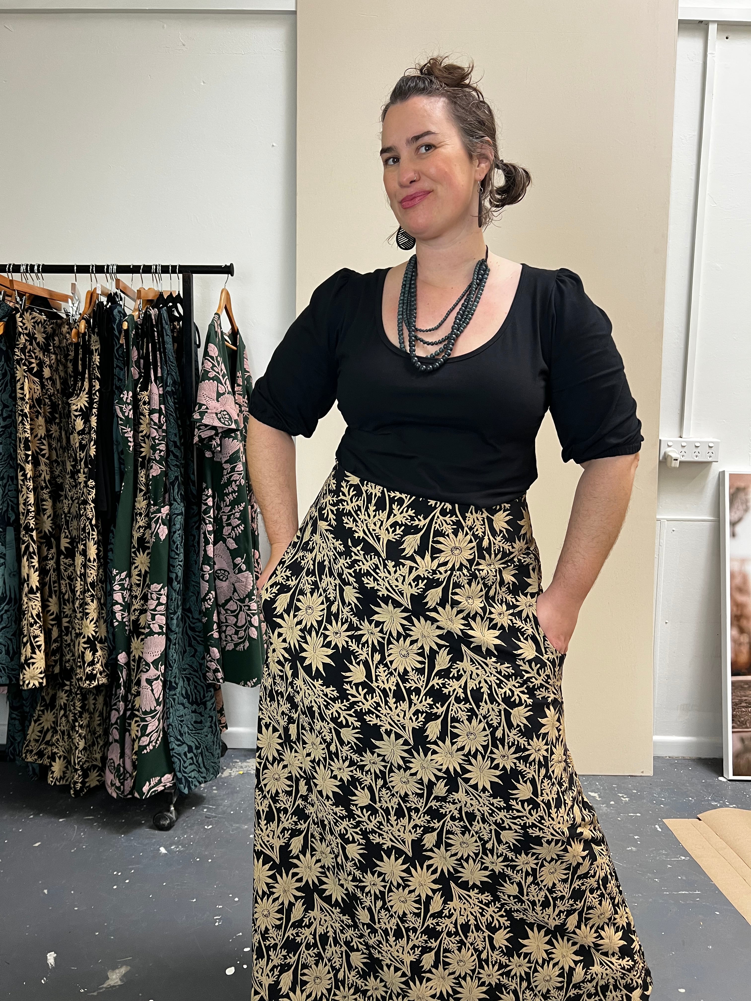 Stretch Maxi Skirt - Straw Flannel Flower