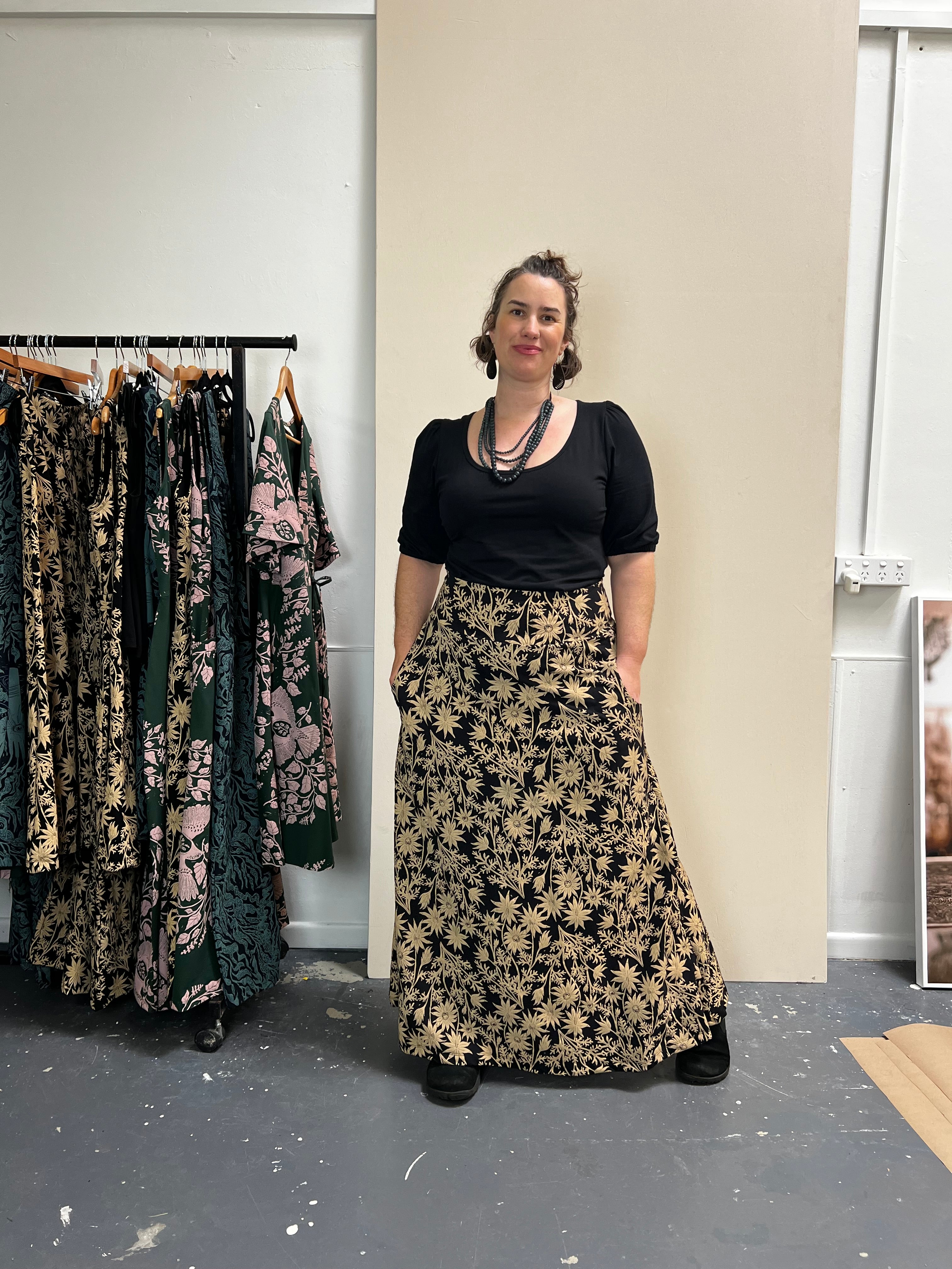 Stretch Maxi Skirt - Straw Flannel Flower