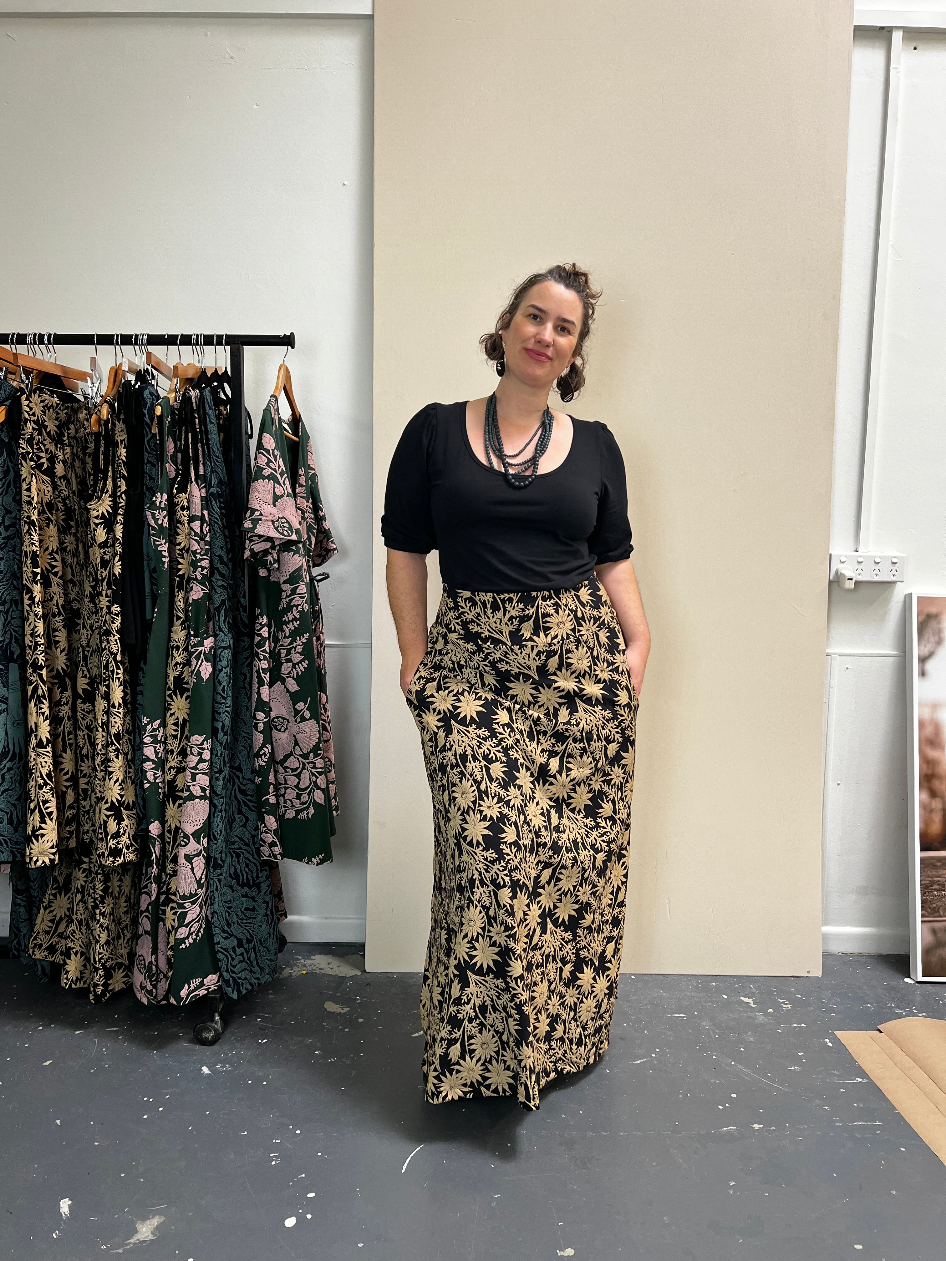 Stretch Maxi Skirt - Straw Flannel Flower