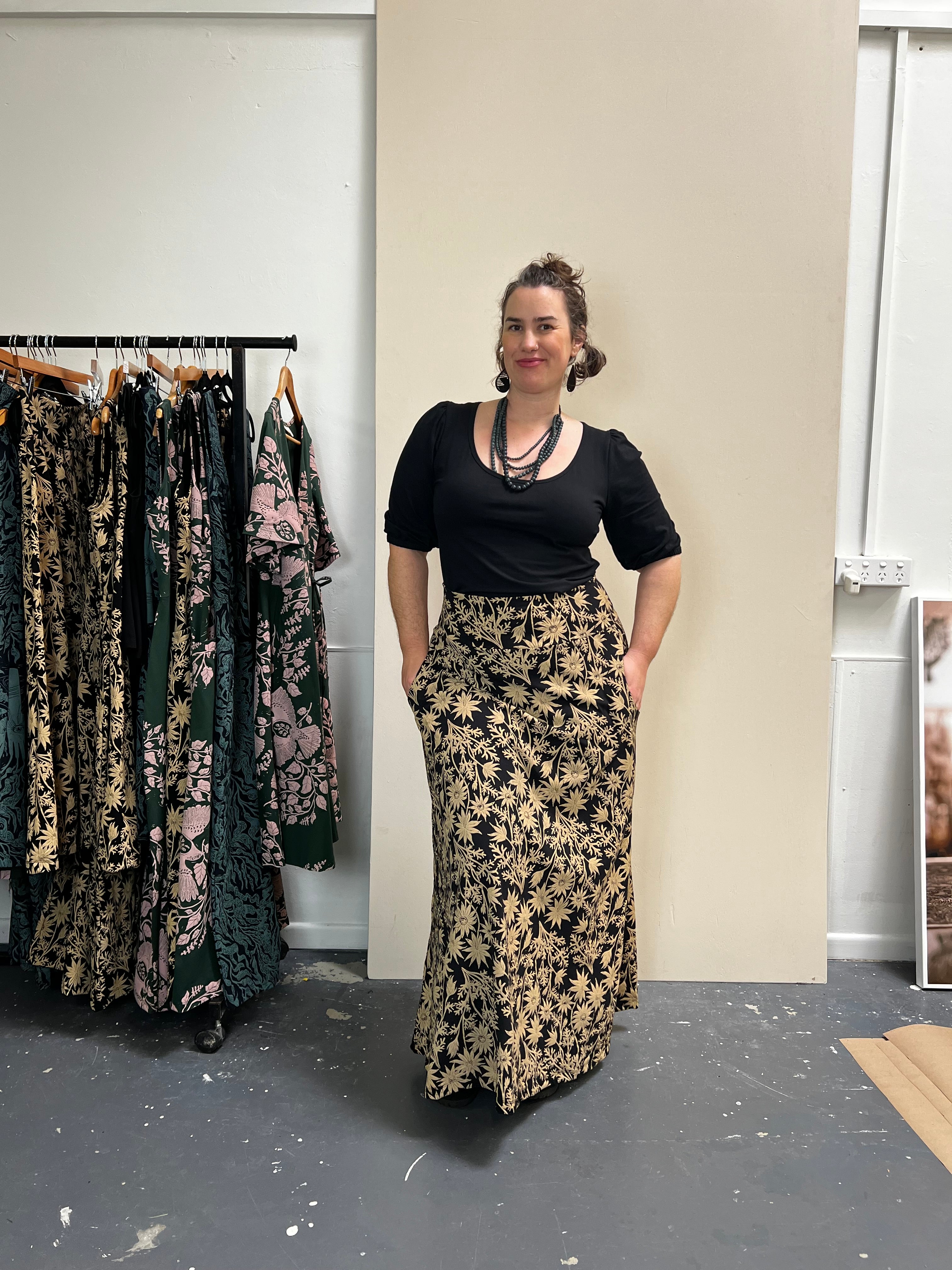 Stretch Maxi Skirt - Straw Flannel Flower