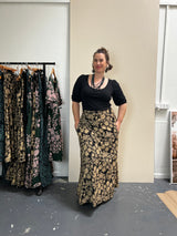 Stretch Maxi Skirt - Straw Flannel Flower