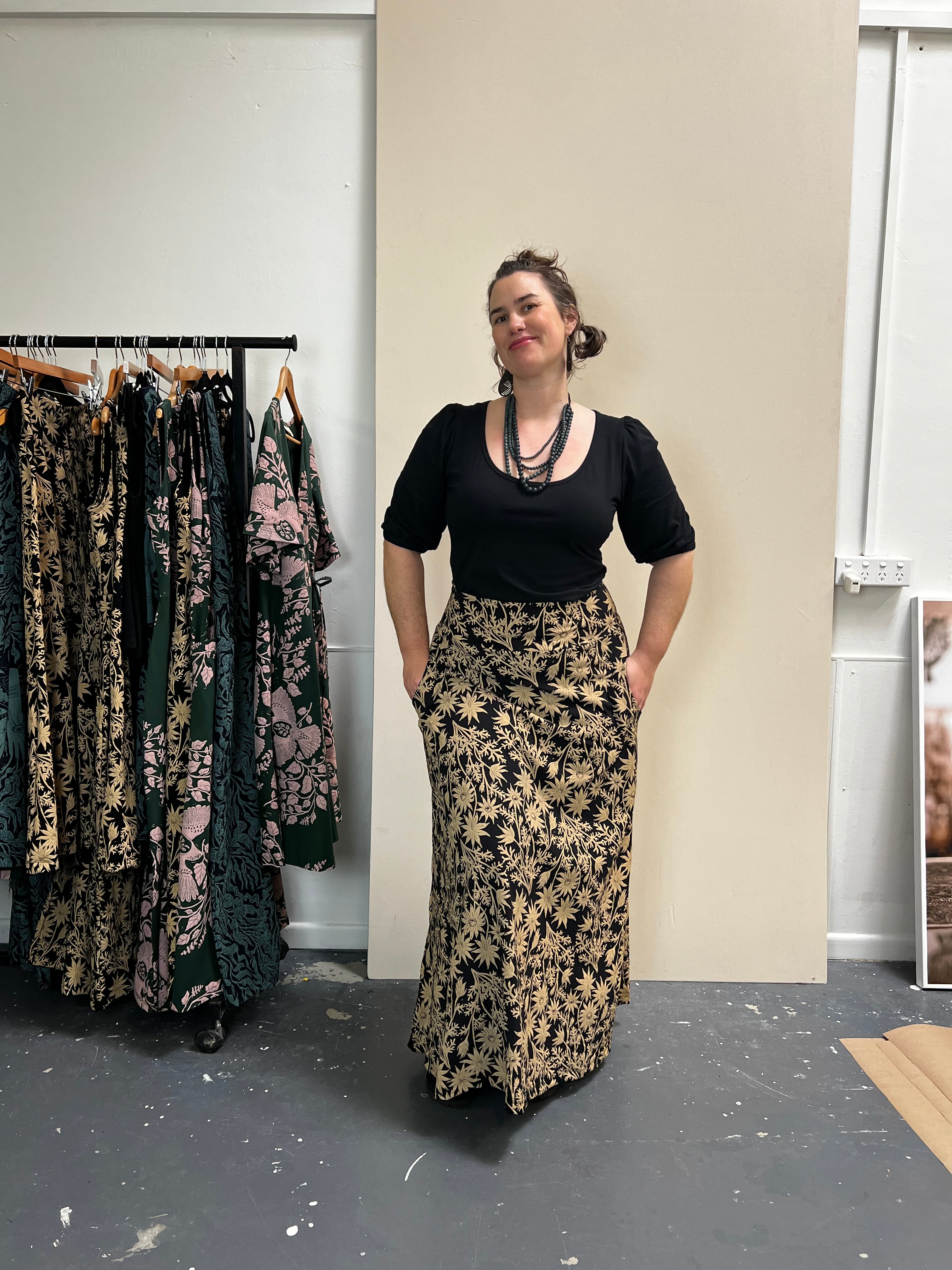 Stretch Maxi Skirt - Straw Flannel Flower