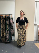 Stretch Maxi Skirt - Straw Flannel Flower