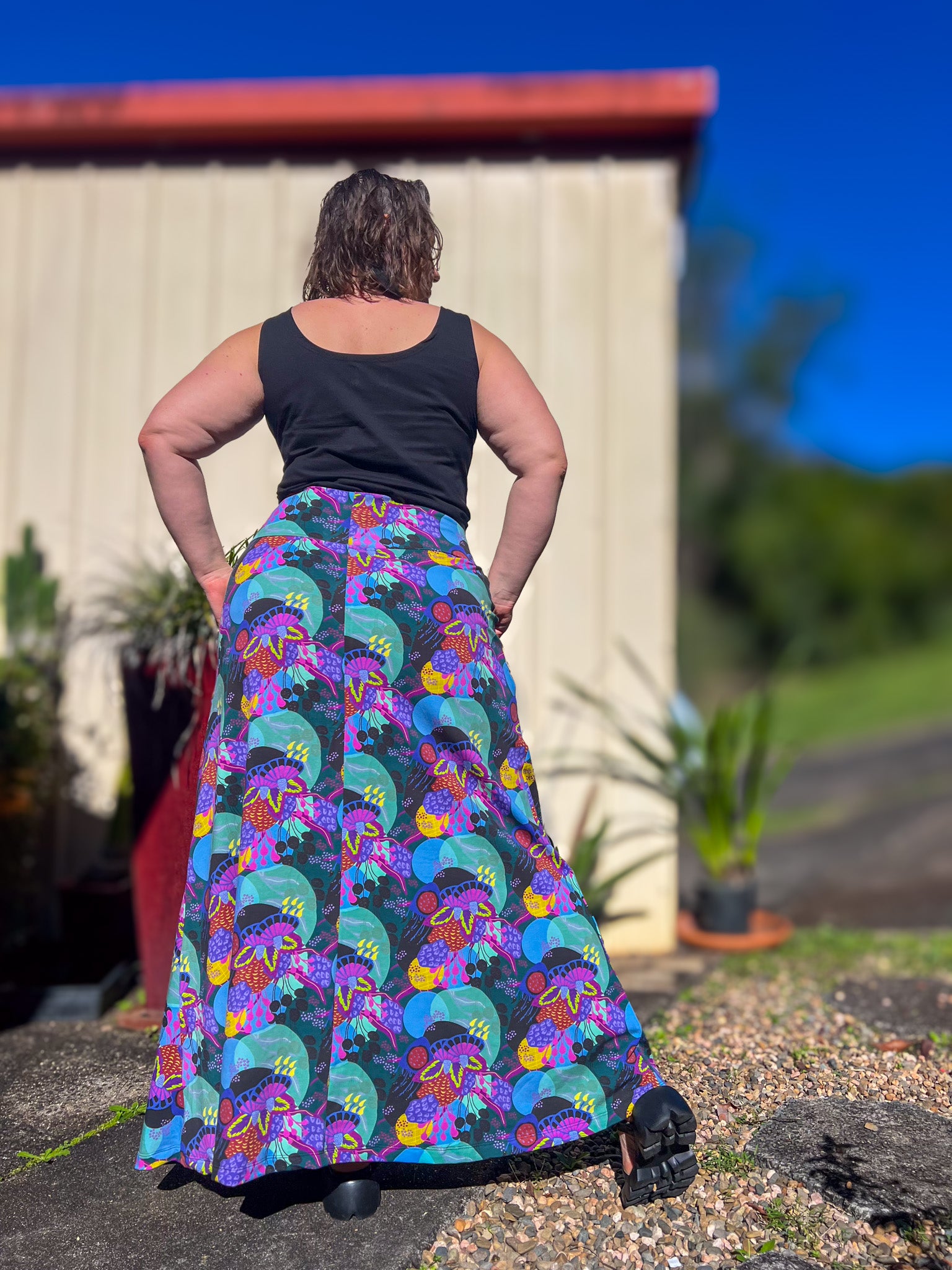 Stretch Maxi Skirt - Dark Coral Garden