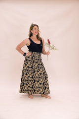 Stretch Maxi Skirt - Straw Flannel Flower