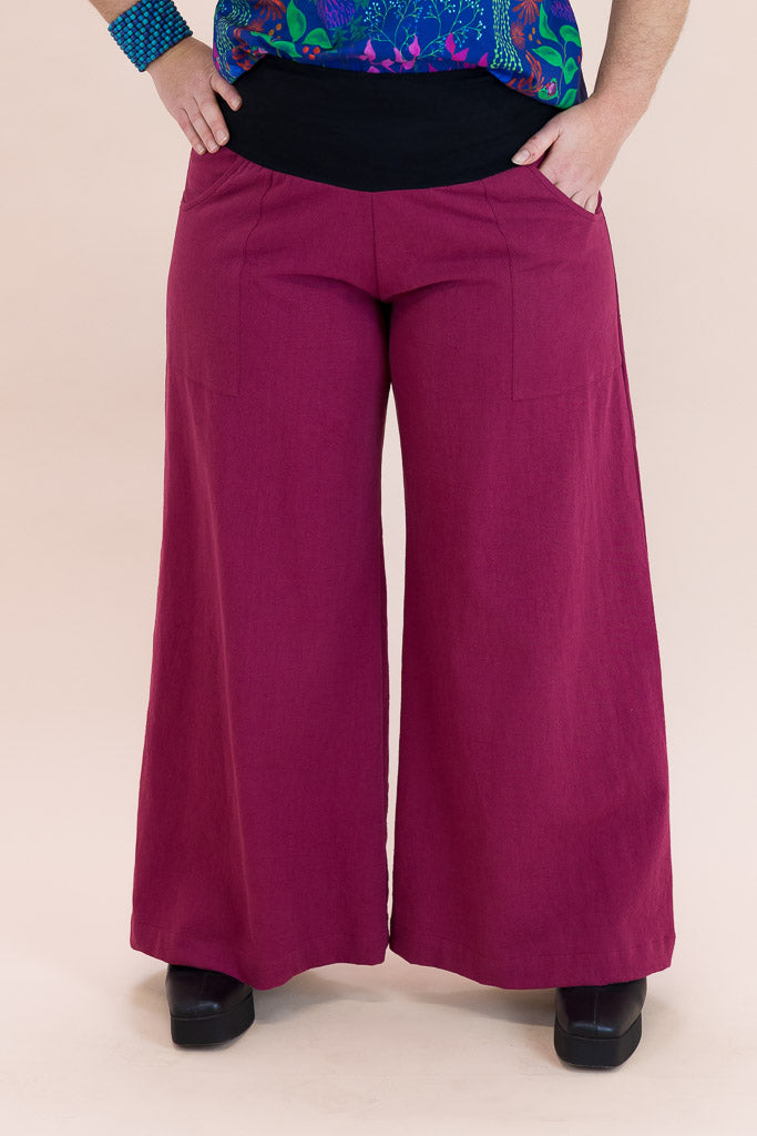 Hot Rose Linen Viscose Wide-Leg Sidewalk Pants