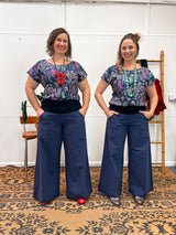 Navy Linen Viscose Wide-Leg Sidewalk Pants