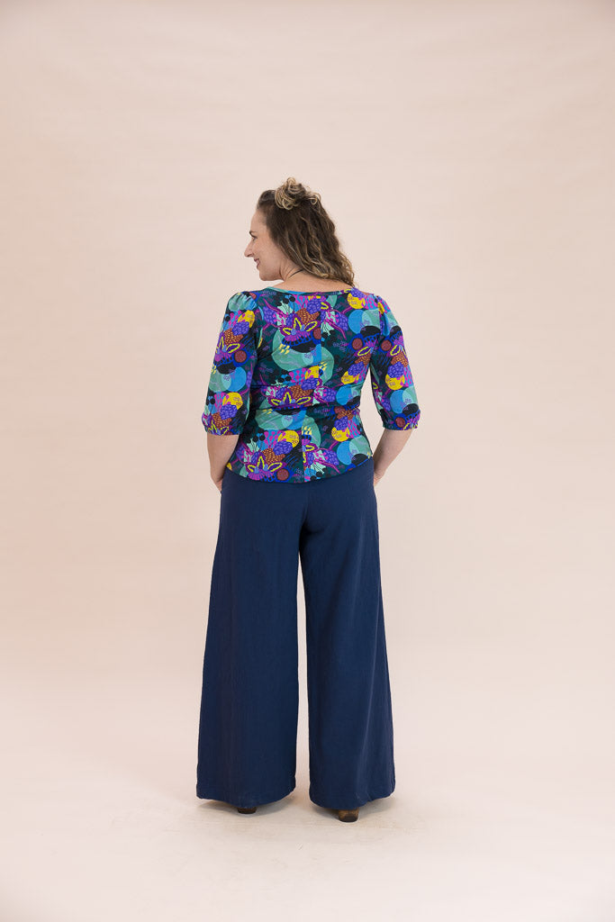 Navy Linen Viscose Wide-Leg Sidewalk Pants
