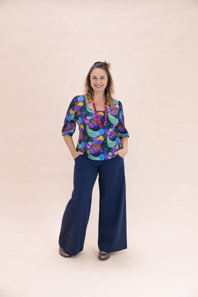 Navy Linen Viscose Wide-Leg Sidewalk Pants