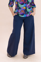 Navy Linen Viscose Wide-Leg Sidewalk Pants