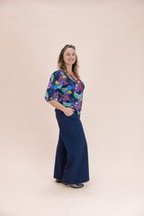 Navy Linen Viscose Wide-Leg Sidewalk Pants