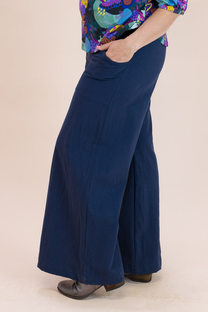 Navy Linen Viscose Wide-Leg Sidewalk Pants