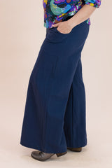 Navy Linen Viscose Wide-Leg Sidewalk Pants