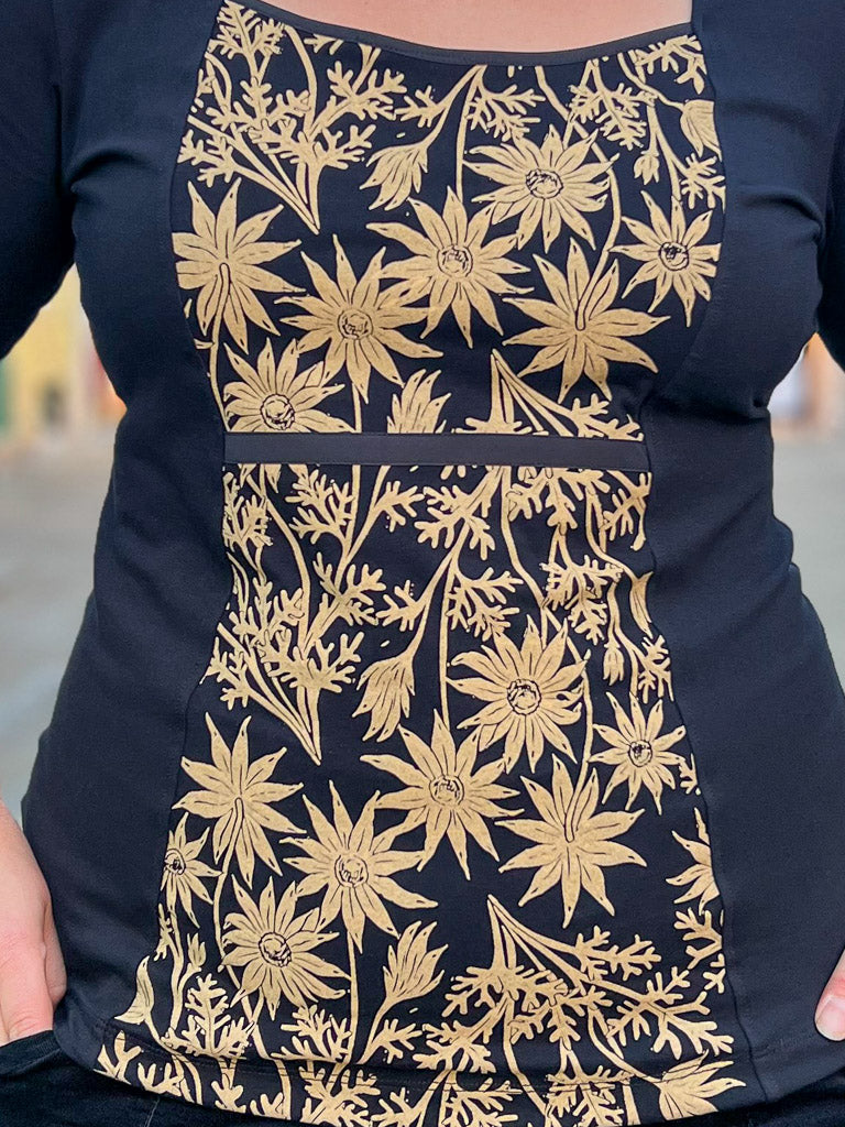 Windowpane Top 3/4 Sleeve - Straw Flannel Flower