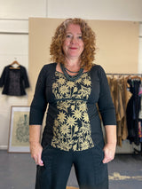 Windowpane Top 3/4 Sleeve - Straw Flannel Flower