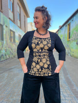 Windowpane Top 3/4 Sleeve - Straw Flannel Flower