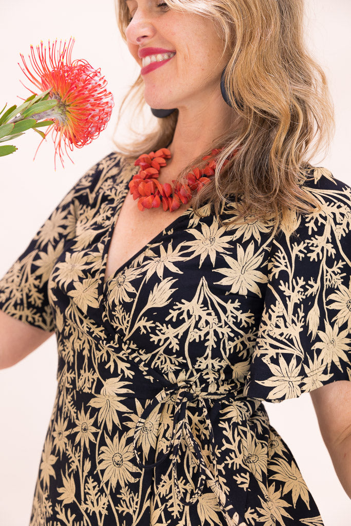 Stretch Wrap Dress - Straw Flannel Flower